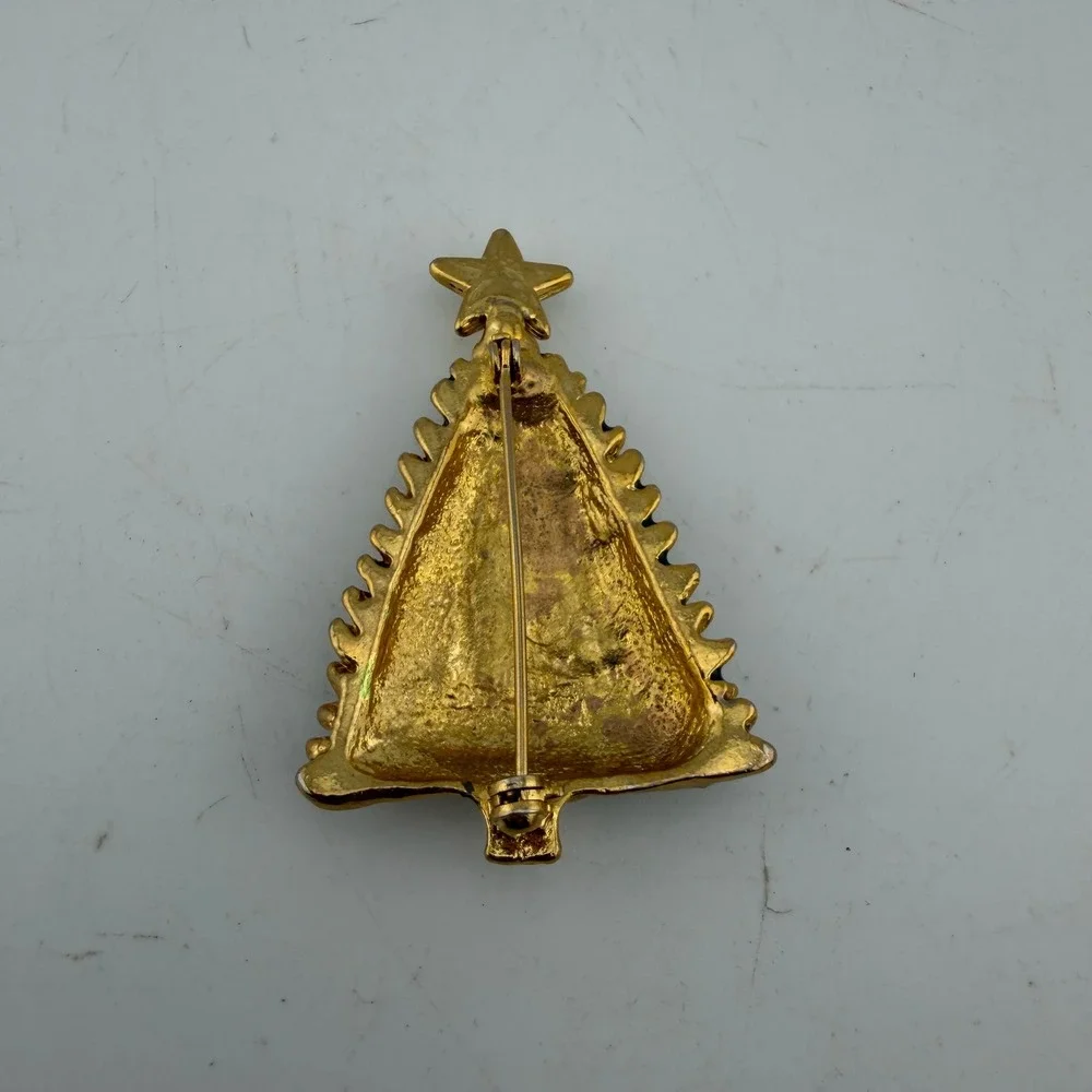 Gold Tone Green Christmas Tree Brooch Enamel Star Pin